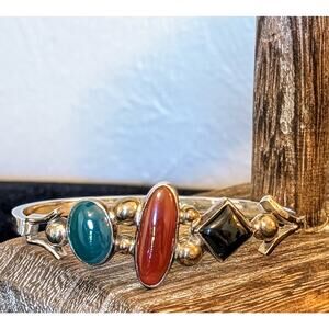 Mexico 925 Silver Three Stone Hook Latch Bangle Bracelet